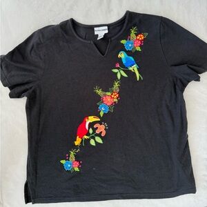 ALFRED DUNNER Large Black Top Embellished Birds Flowers COLORFUL Sweater E40